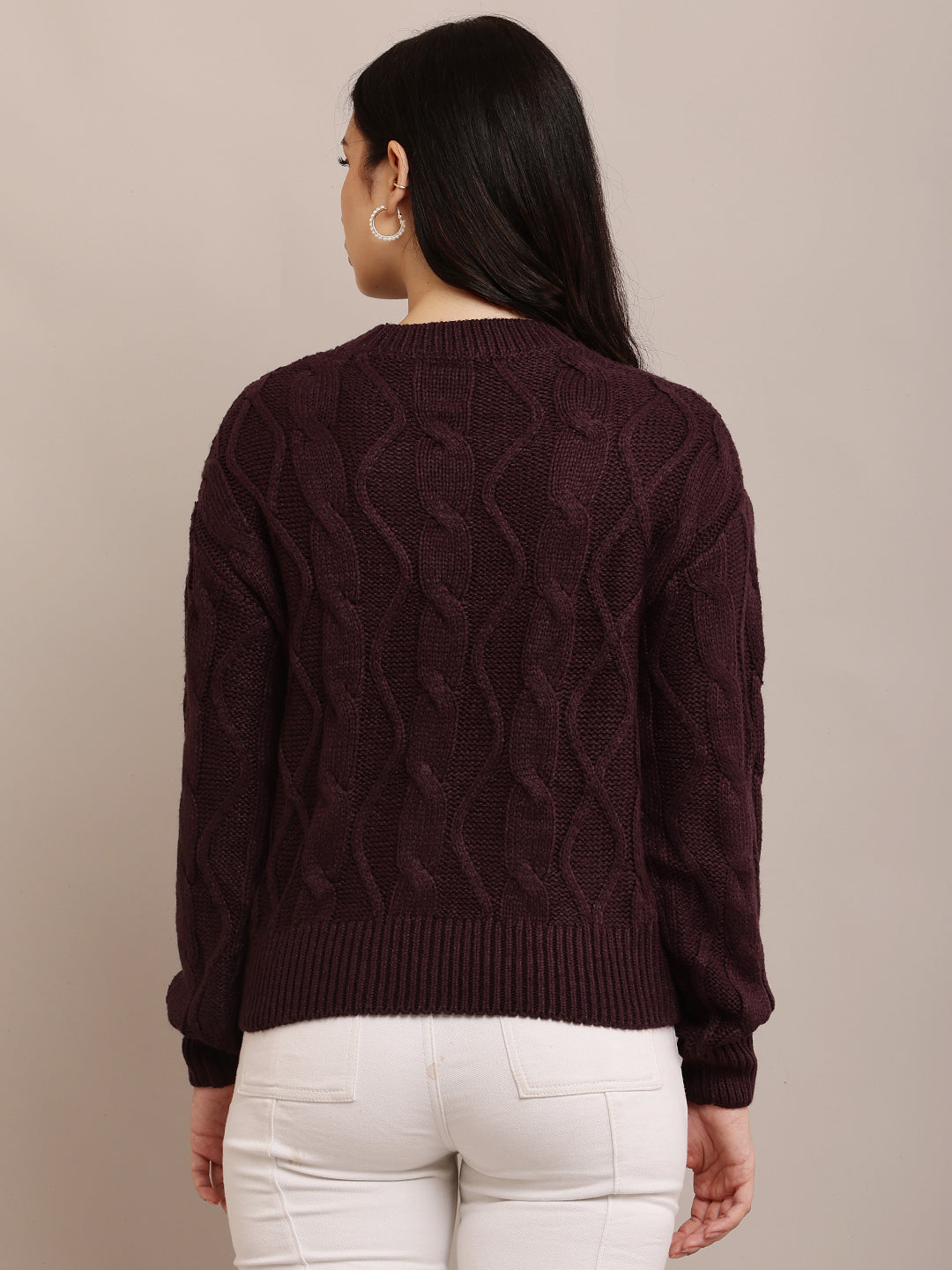 Women Cable Knit Dark Purple Sweater