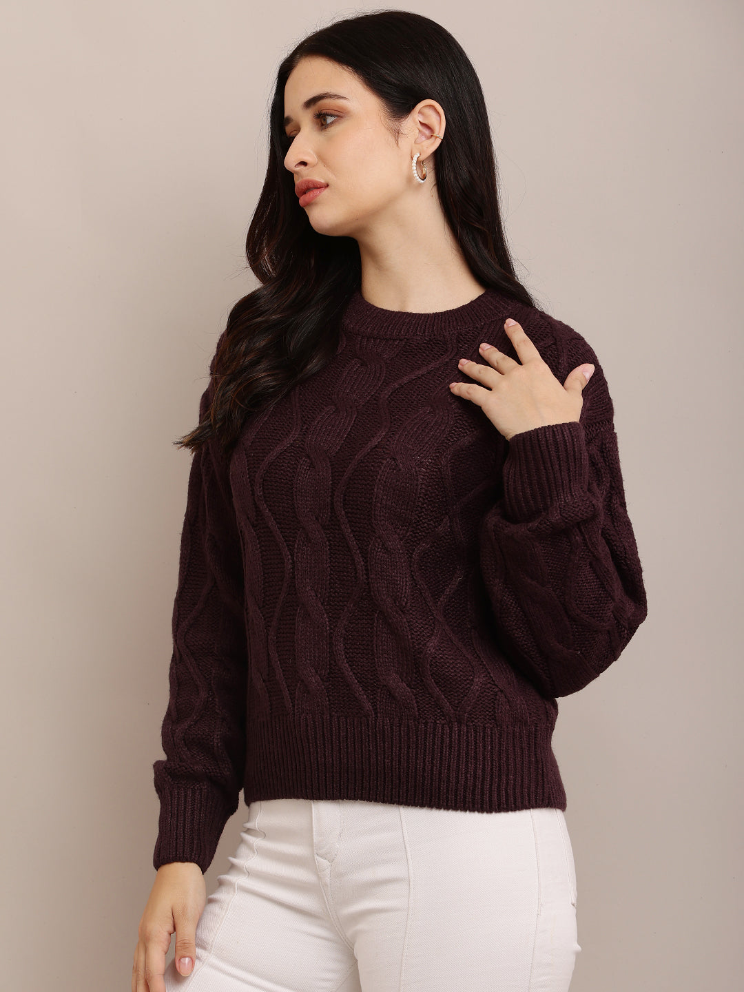 Women Cable Knit Dark Purple Sweater