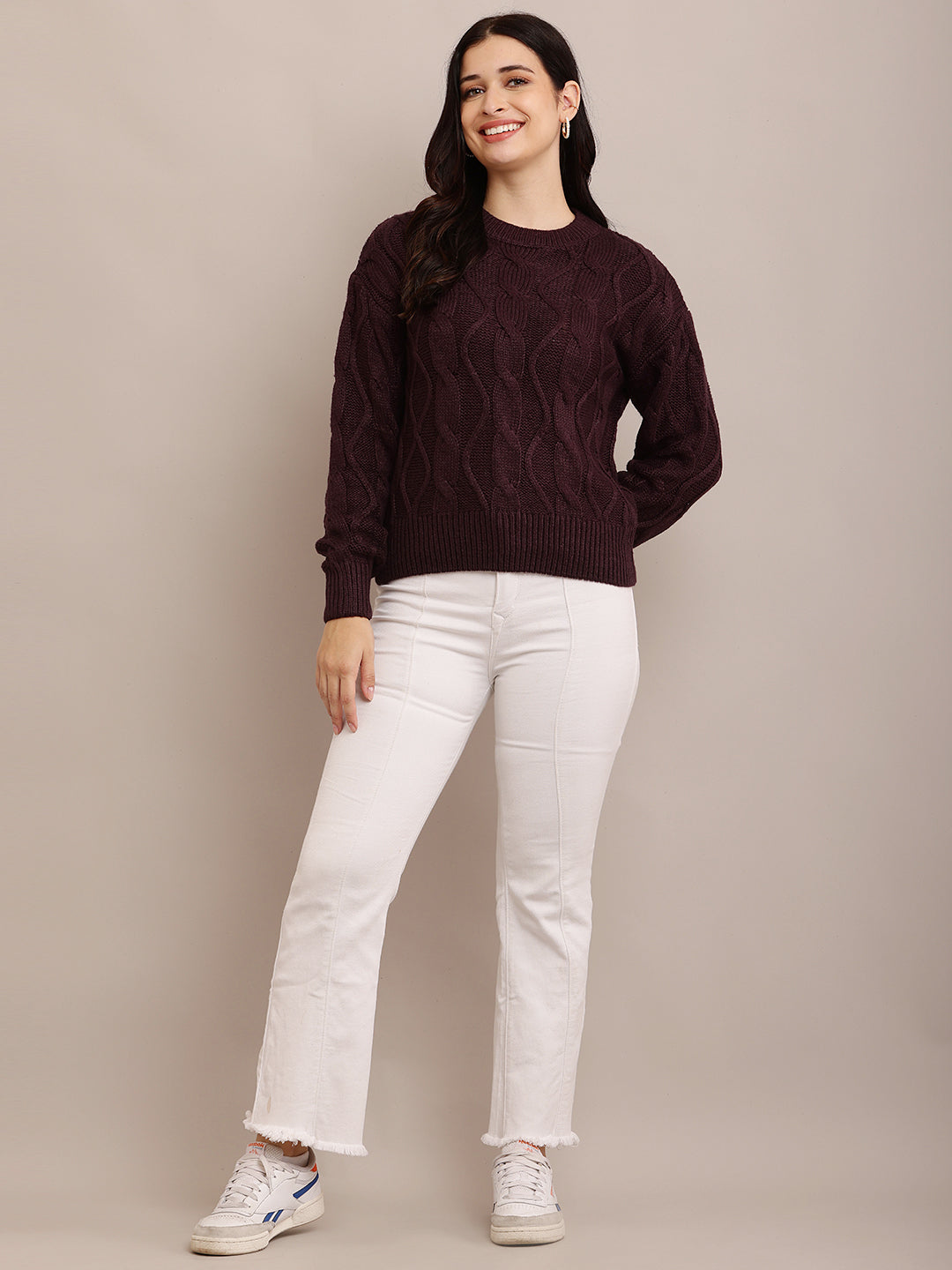 Women Cable Knit Dark Purple Sweater
