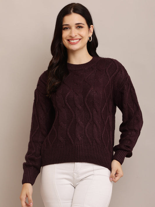  Women Cable Knit Dark Purple Sweater 