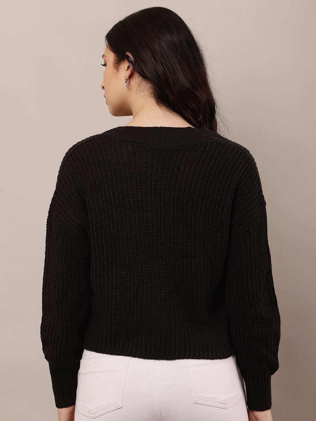 Women Black V-Neck Acrylic Cardigan