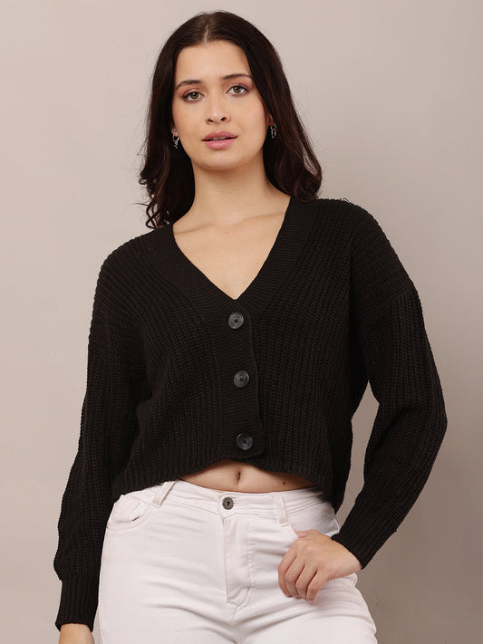 Women Black V-Neck Acrylic Cardigan