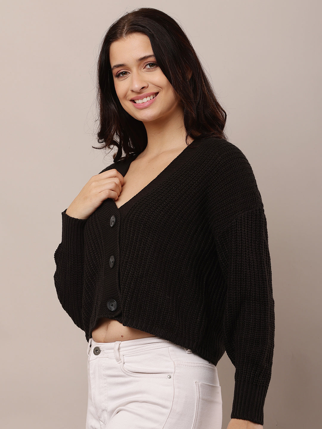 Women Black V-Neck Acrylic Cardigan