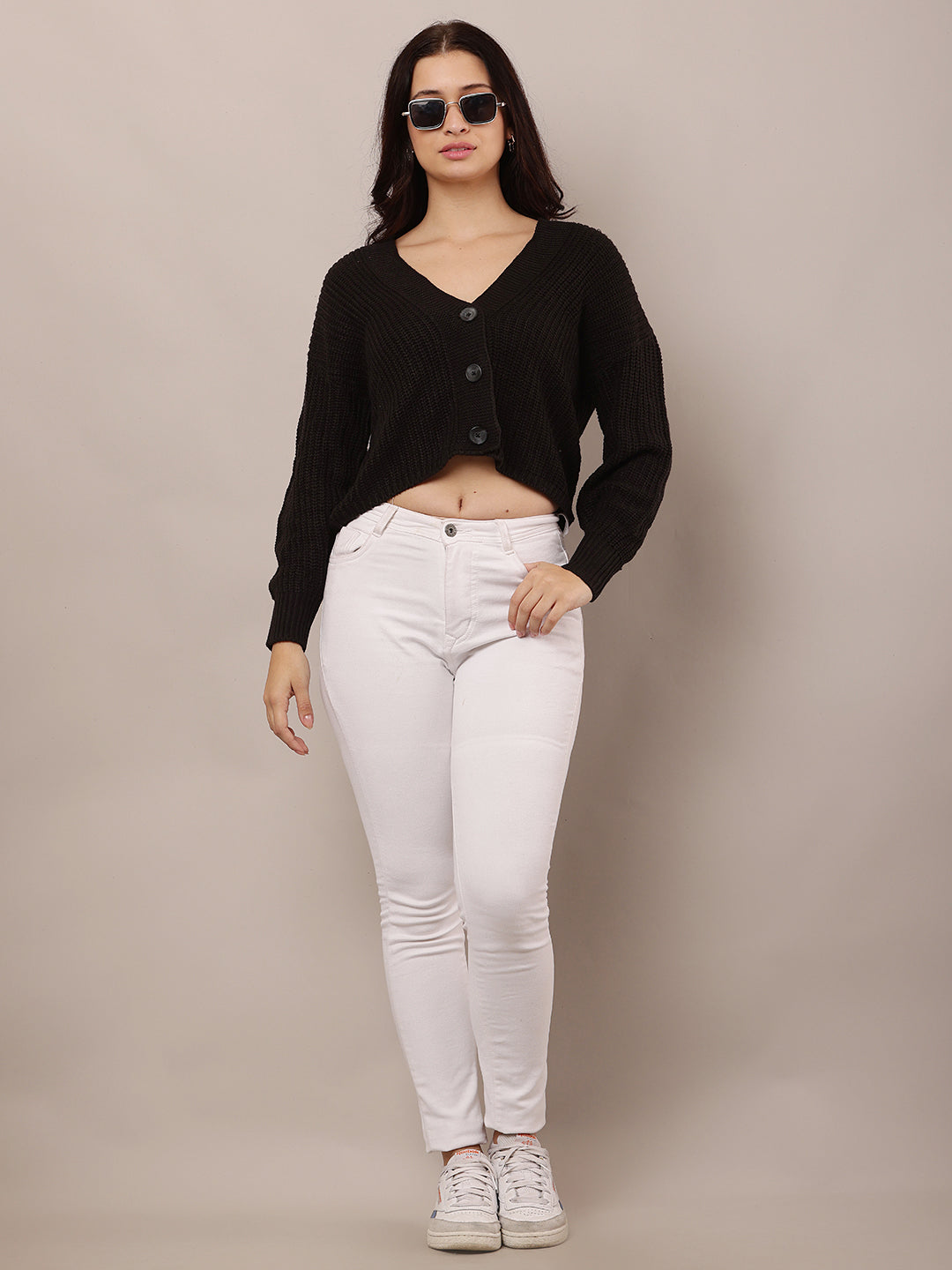 Women Black V-Neck Acrylic Cardigan