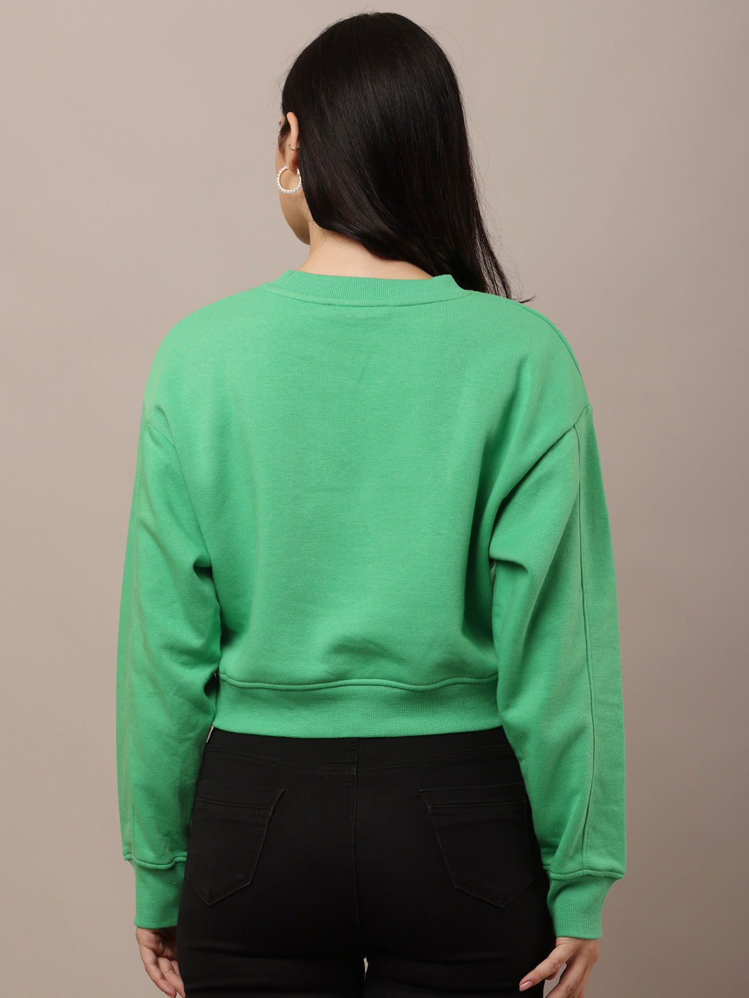 Women Green Neck Crop Sweatshirt