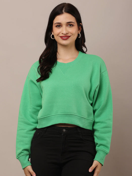 Women Green Neck Crop Sweatshirt 