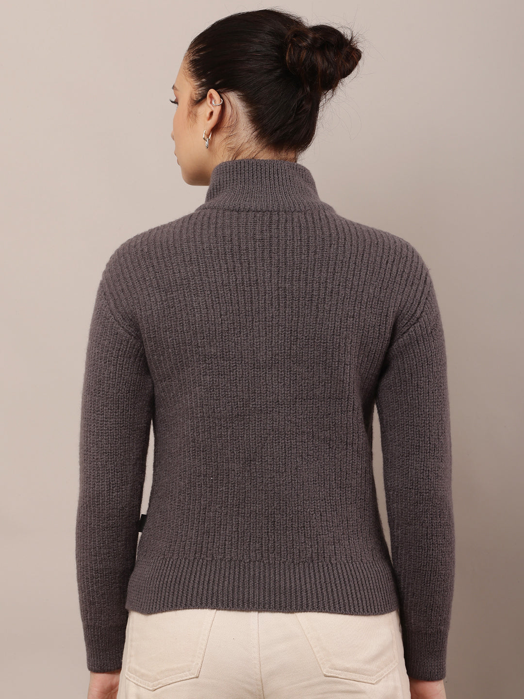 Women Grey High-Neck Zip Wool Sweater
