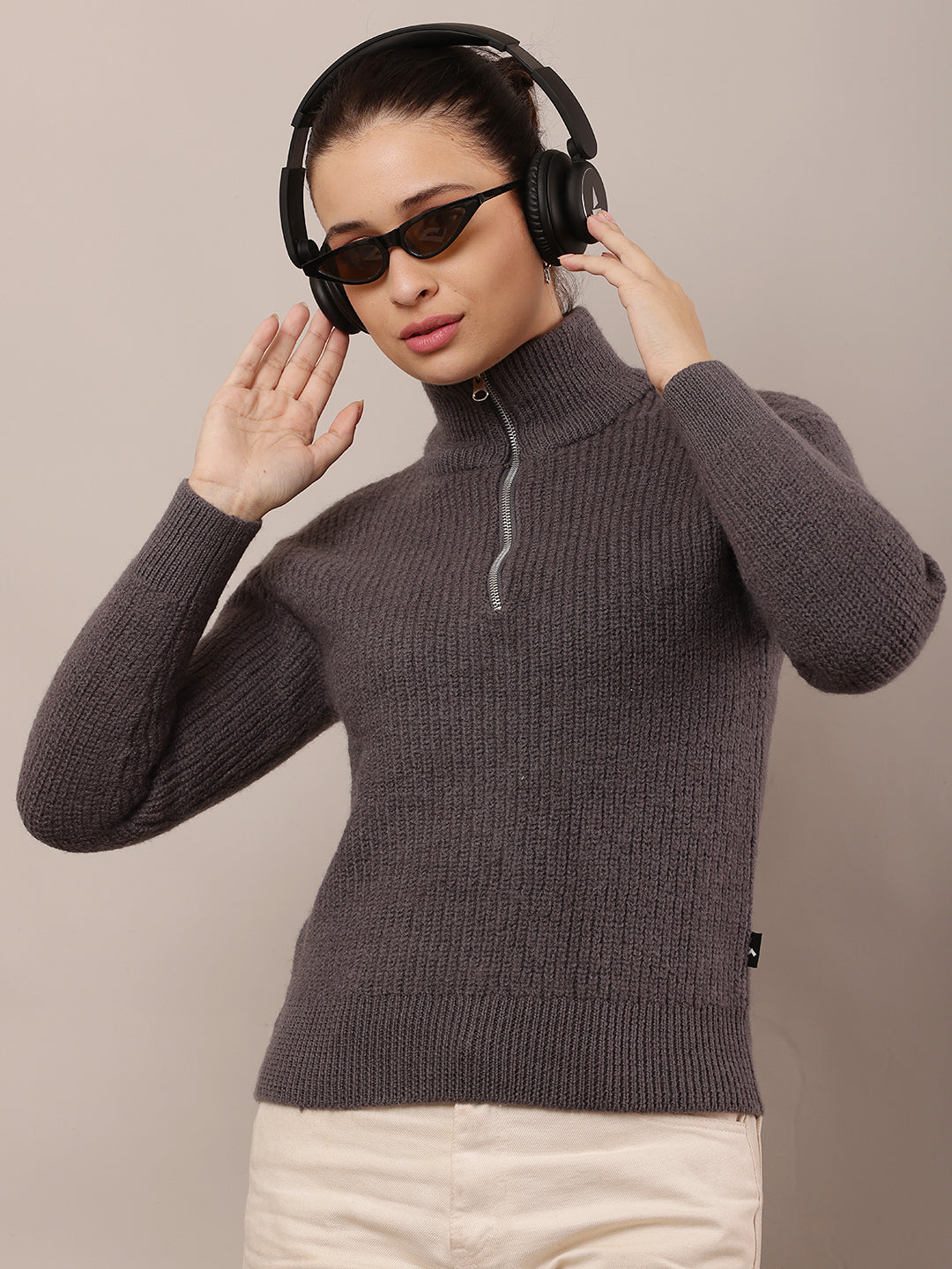 Women Grey High-Neck Zip Wool Sweater
