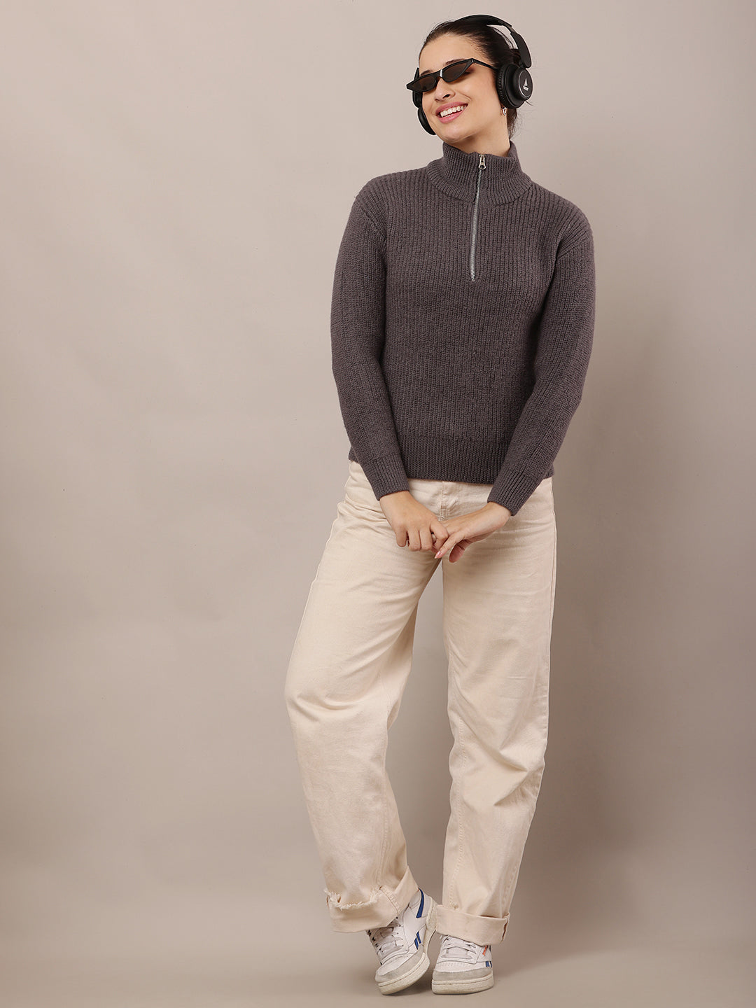 Women Grey High-Neck Zip Wool Sweater