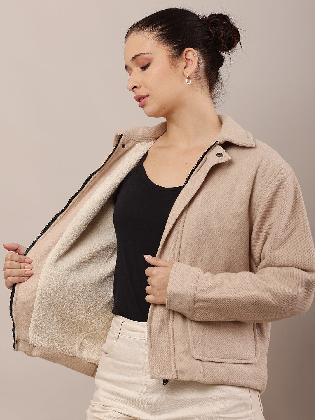 Women Beige Cotton Jacket