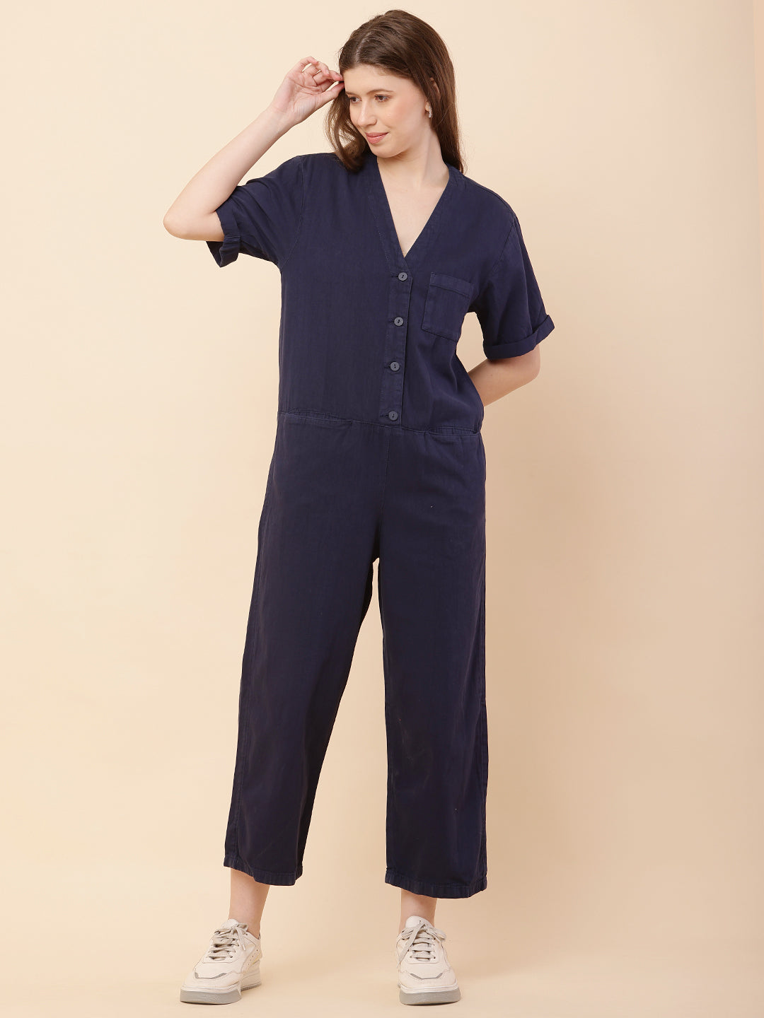 Women Dark Blue V-neck Jumpsuit