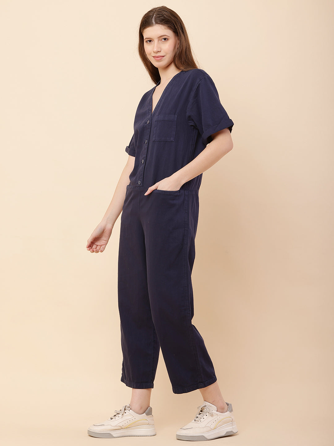 Women Dark Blue V-neck Jumpsuit