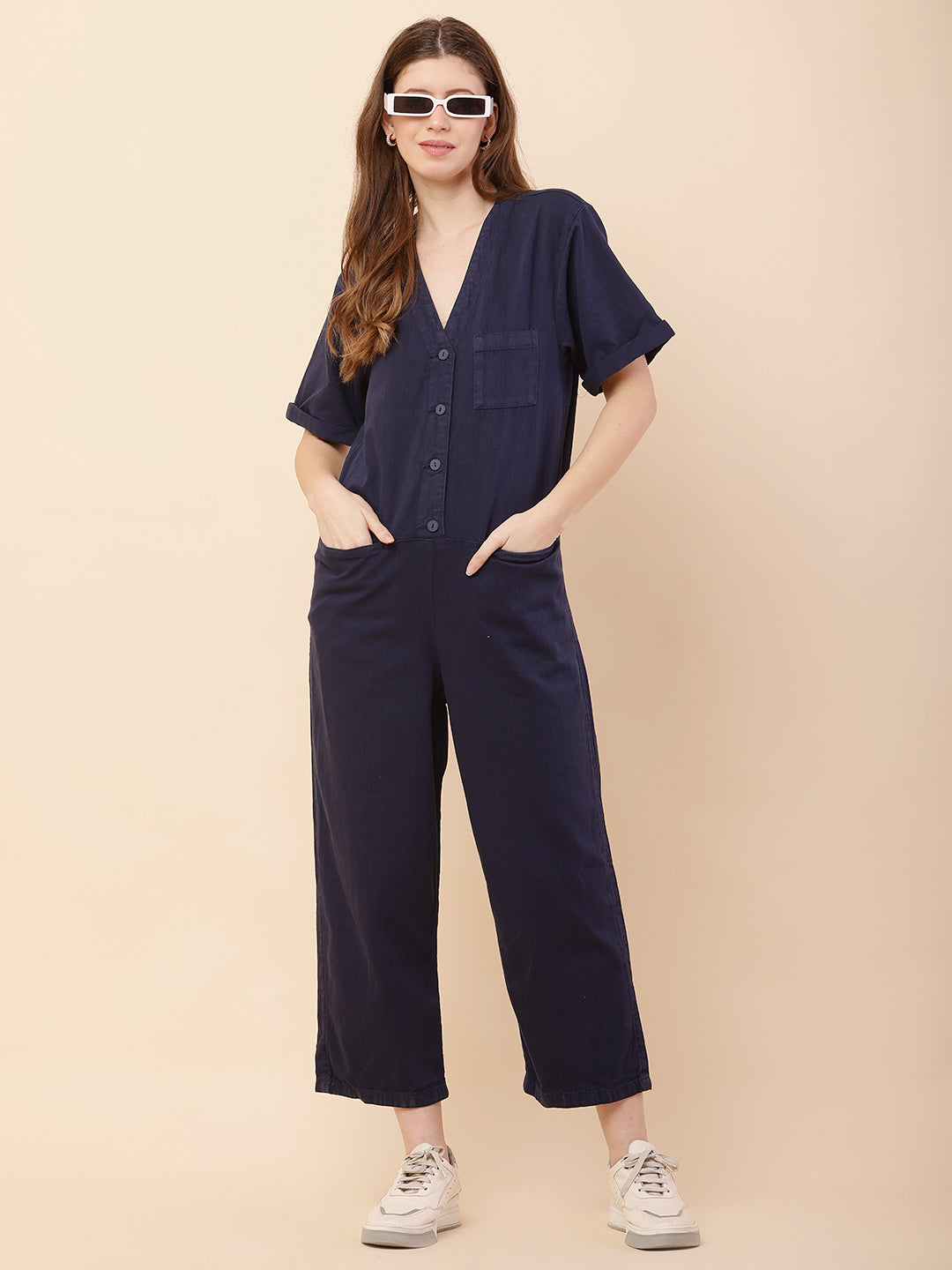 Women Dark Blue V-neck Jumpsuit