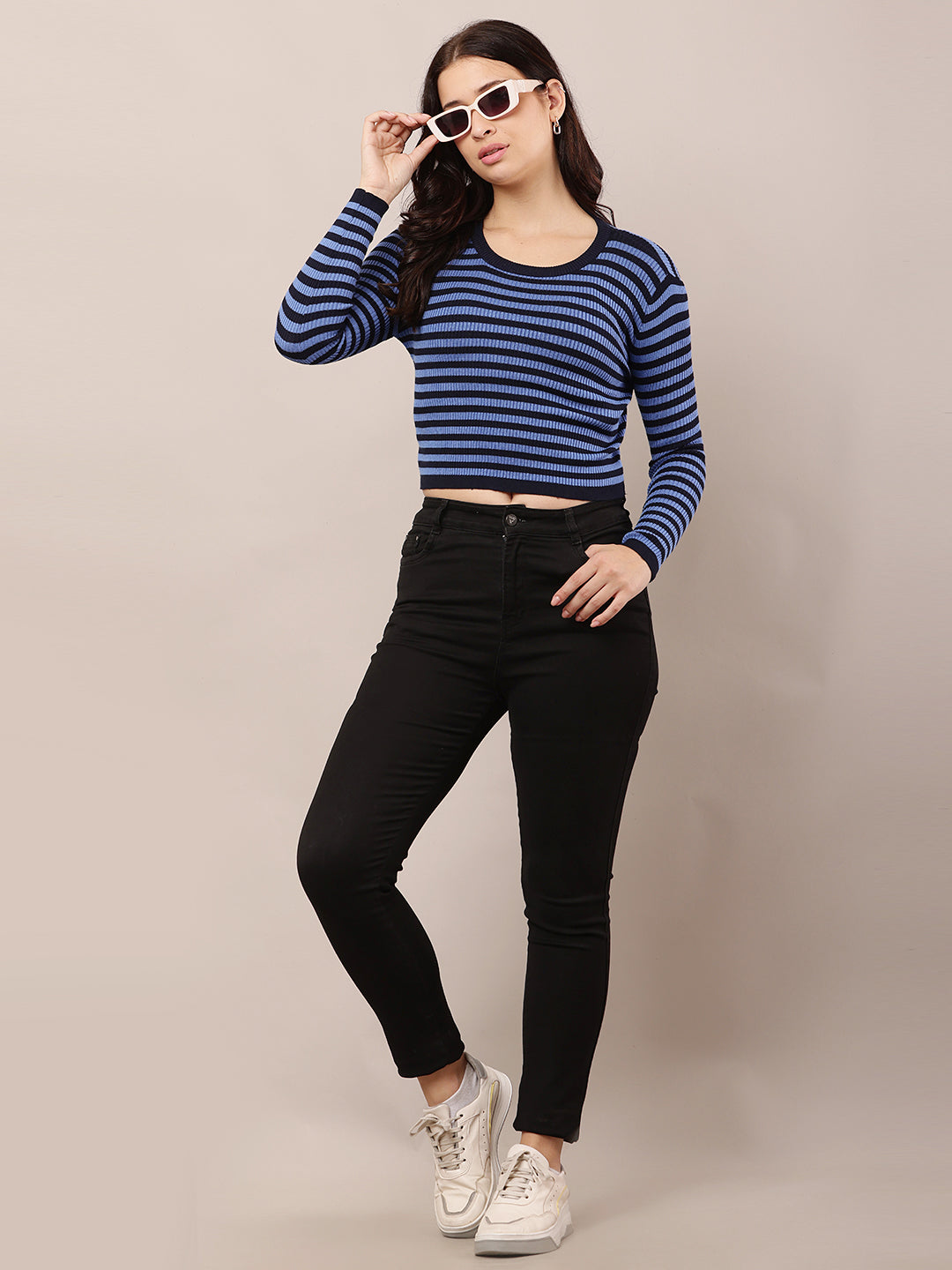 Women Blue & Black Round Neck Sweater