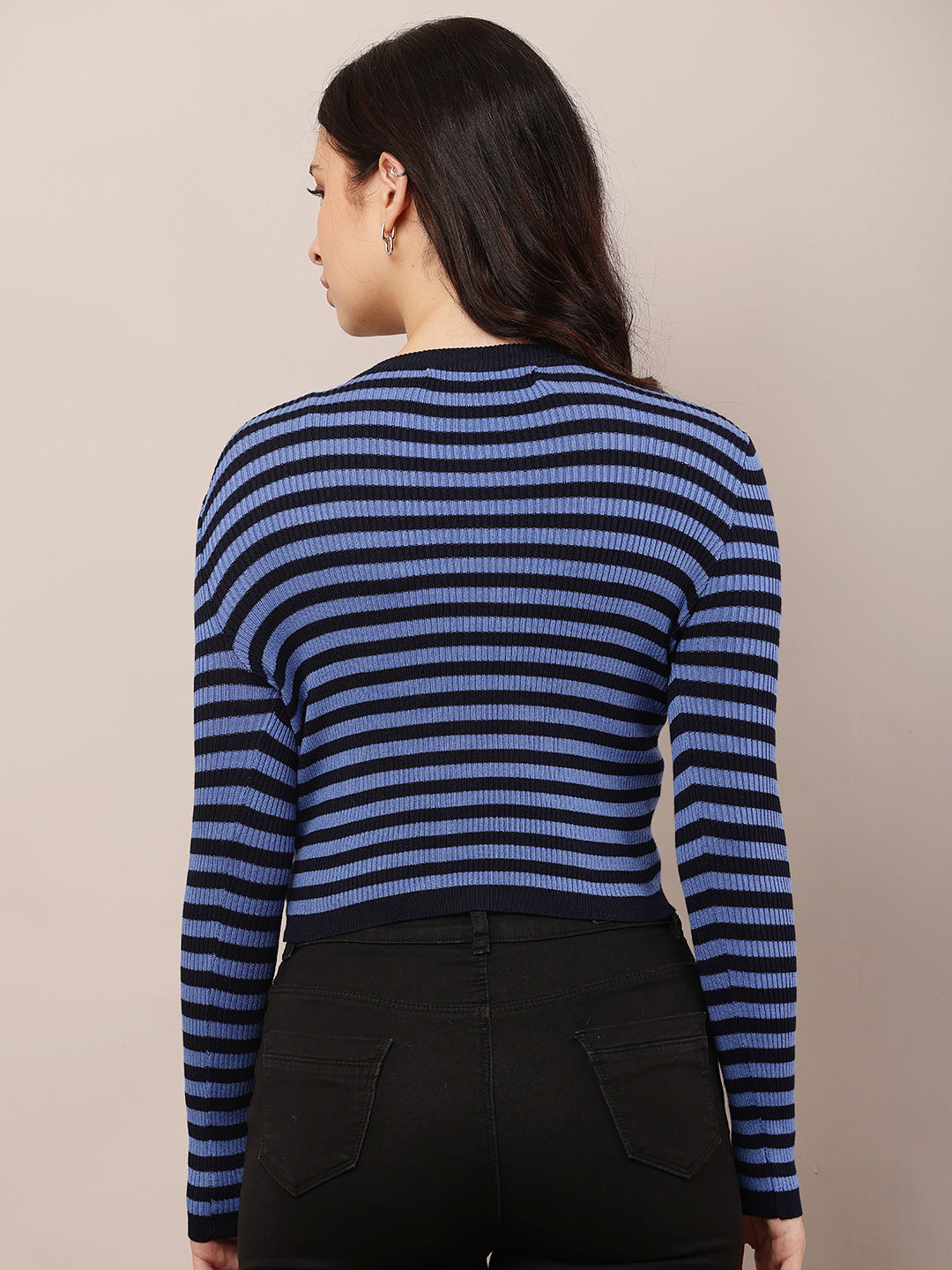 Women Blue & Black Round Neck Sweater