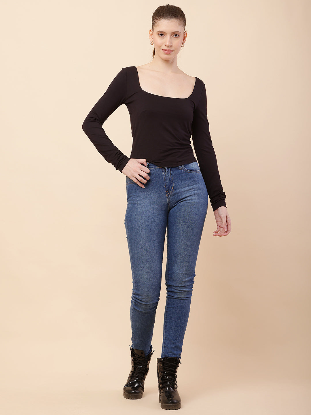 Women Black Square Neck Regular Top