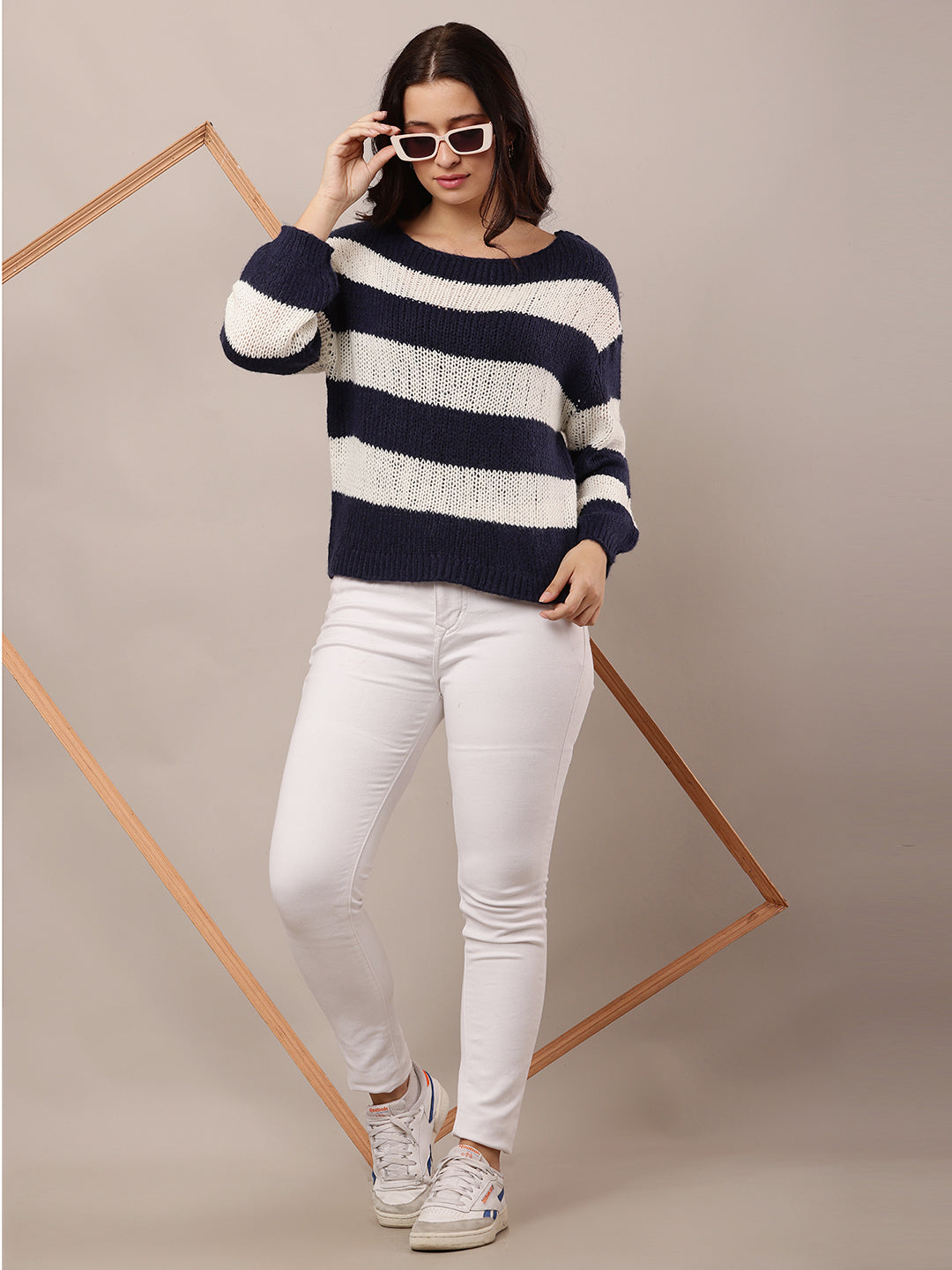 Women Dark Blue & White Crew Neck Knitted Sweater