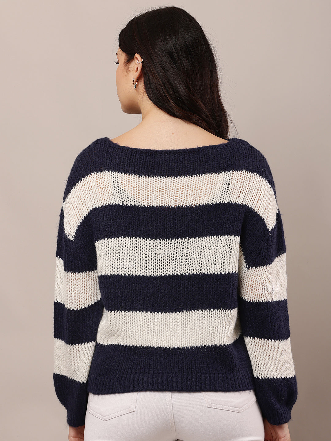 Women Dark Blue & White Crew Neck Knitted Sweater