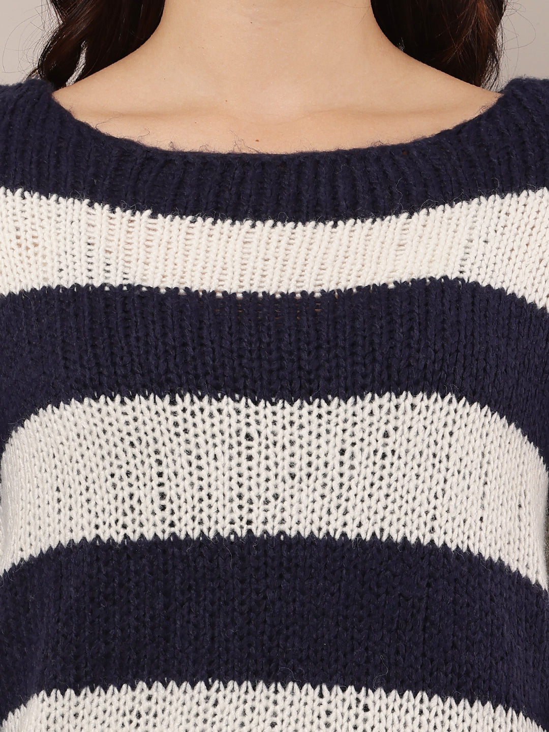 Women Dark Blue & White Crew Neck Knitted Sweater