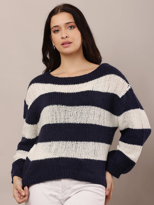 Women Dark Blue & White Crew Neck Knitted Sweater