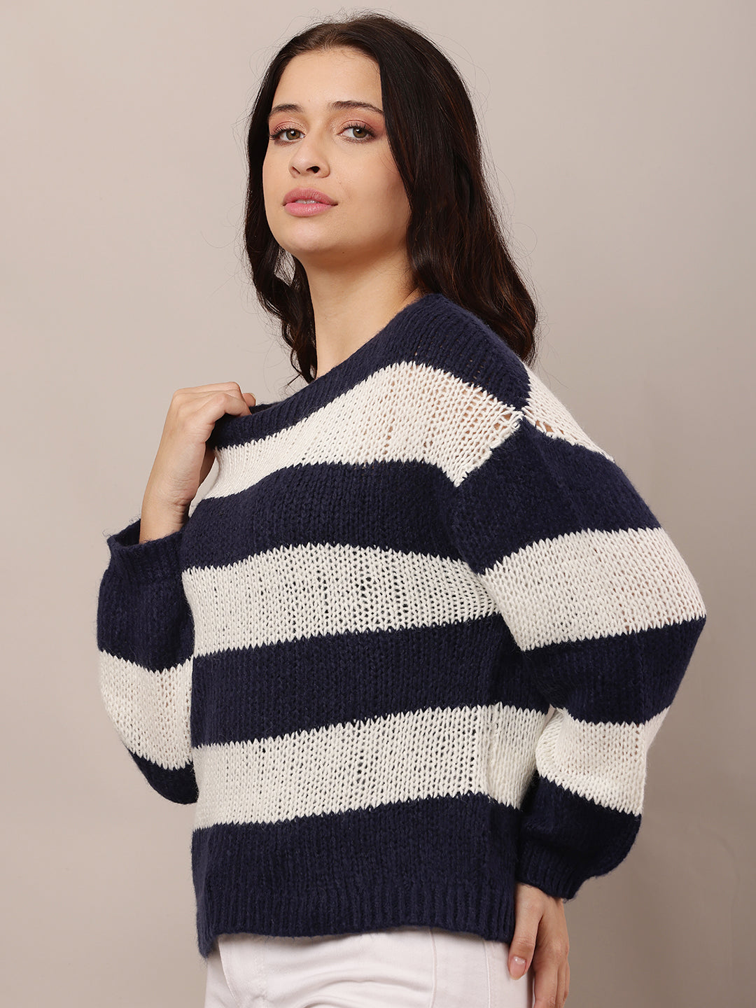 Women Dark Blue & White Crew Neck Knitted Sweater