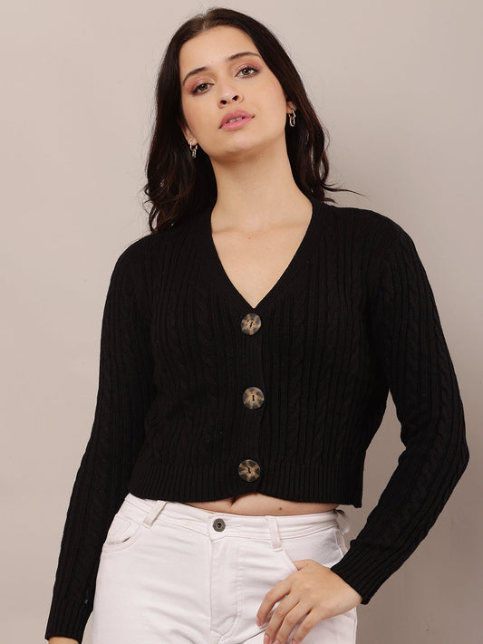 Women Black V-Neck Cotton Cardigan