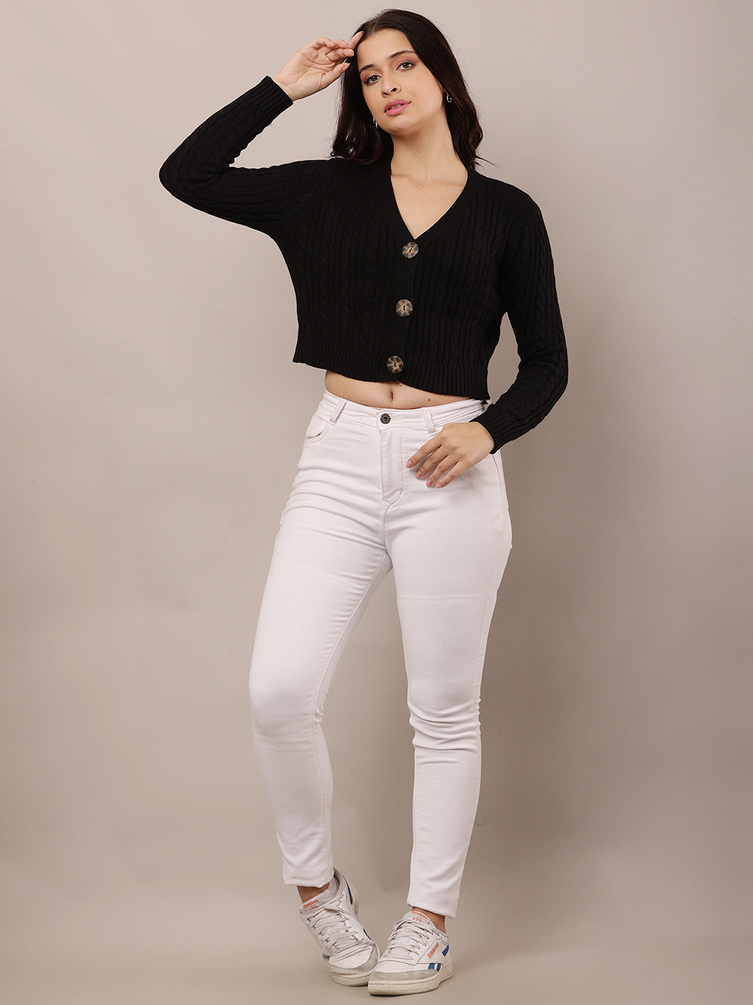 Women Black V-Neck Cotton Cardigan