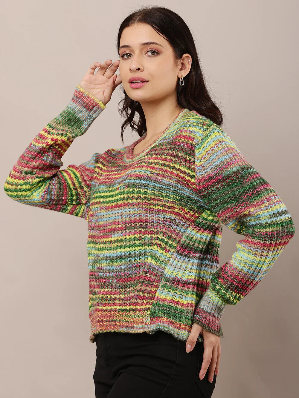 Women Multicolor Round Neck Wool Sweater