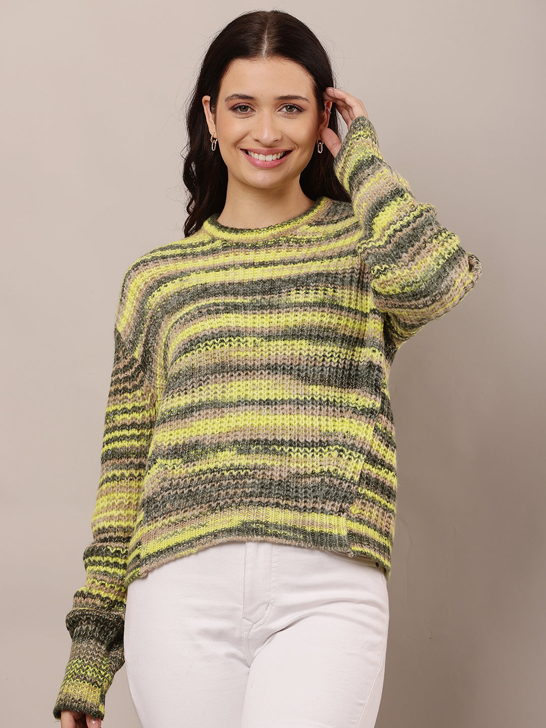Women Yellow Round Neck Wool Sweater