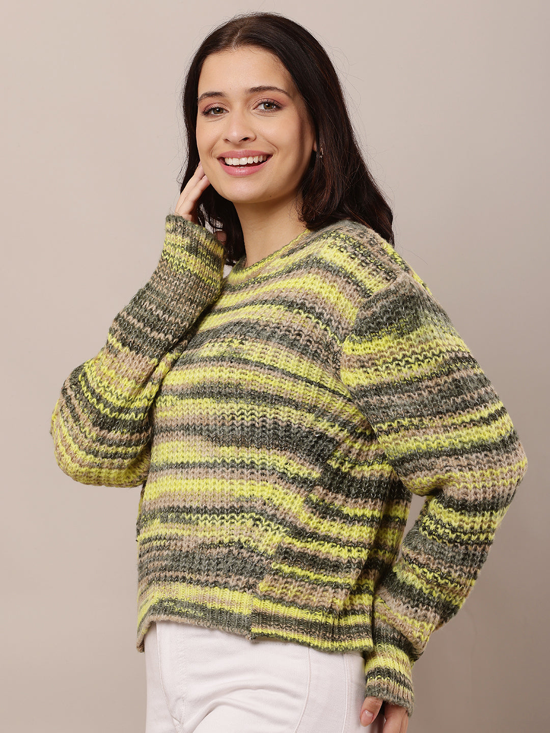Women Yellow Round Neck Wool Sweater