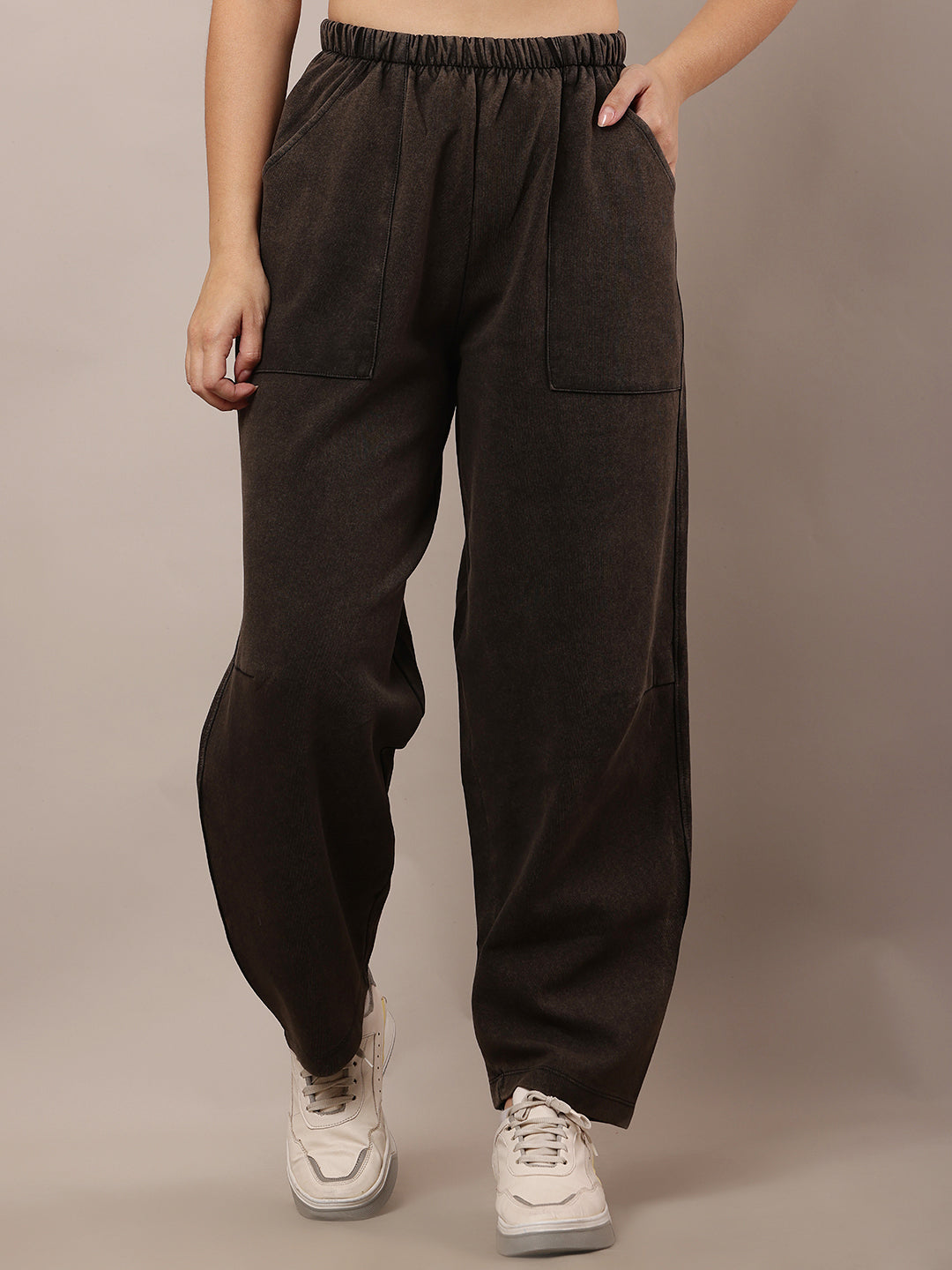 Women Dark Grey Elastic Waist Cotton Trousers