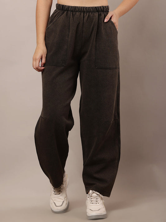 Women Dark Grey Elastic Waist Cotton Trousers