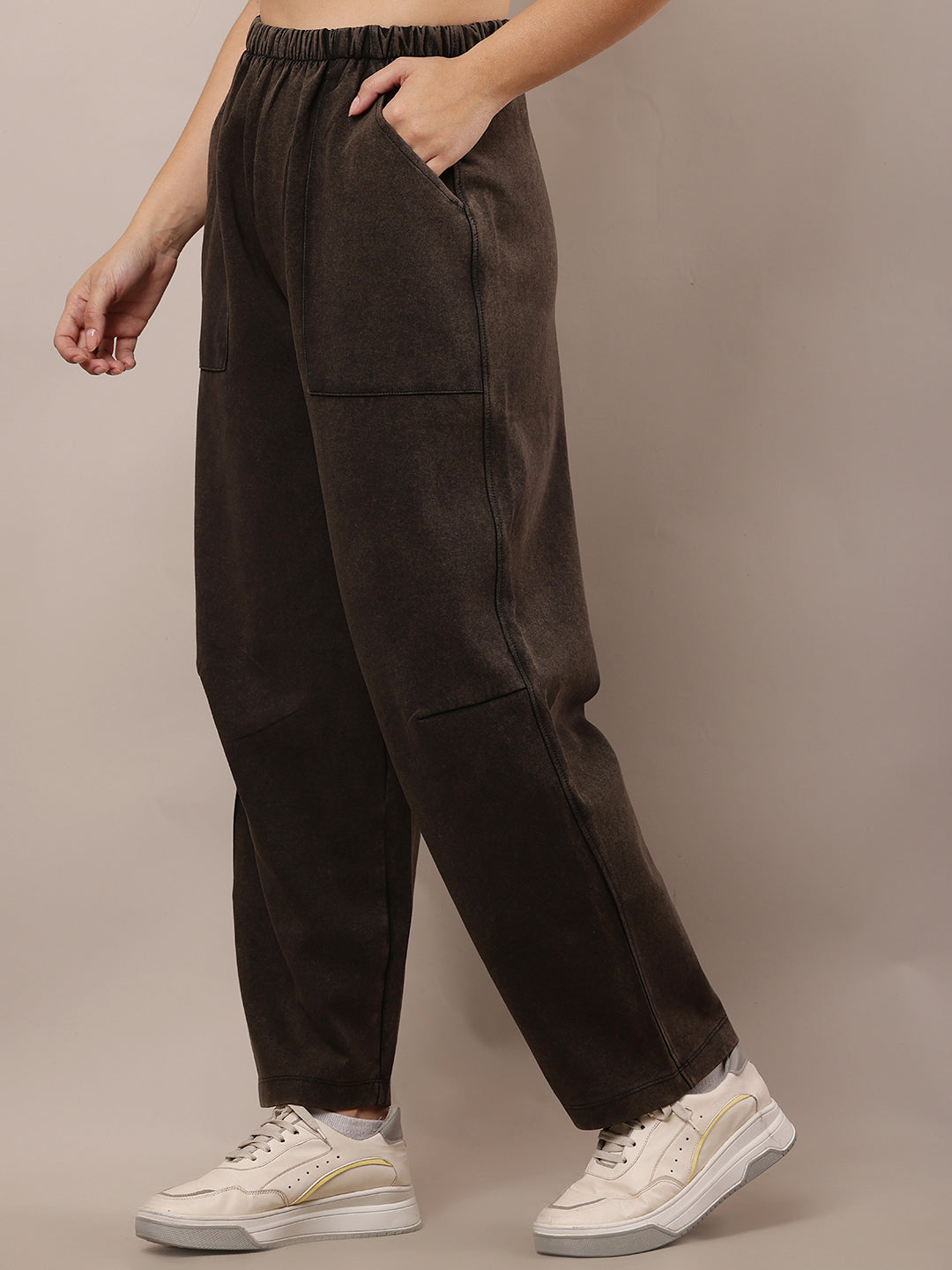 Women Dark Grey Elastic Waist Cotton Trousers