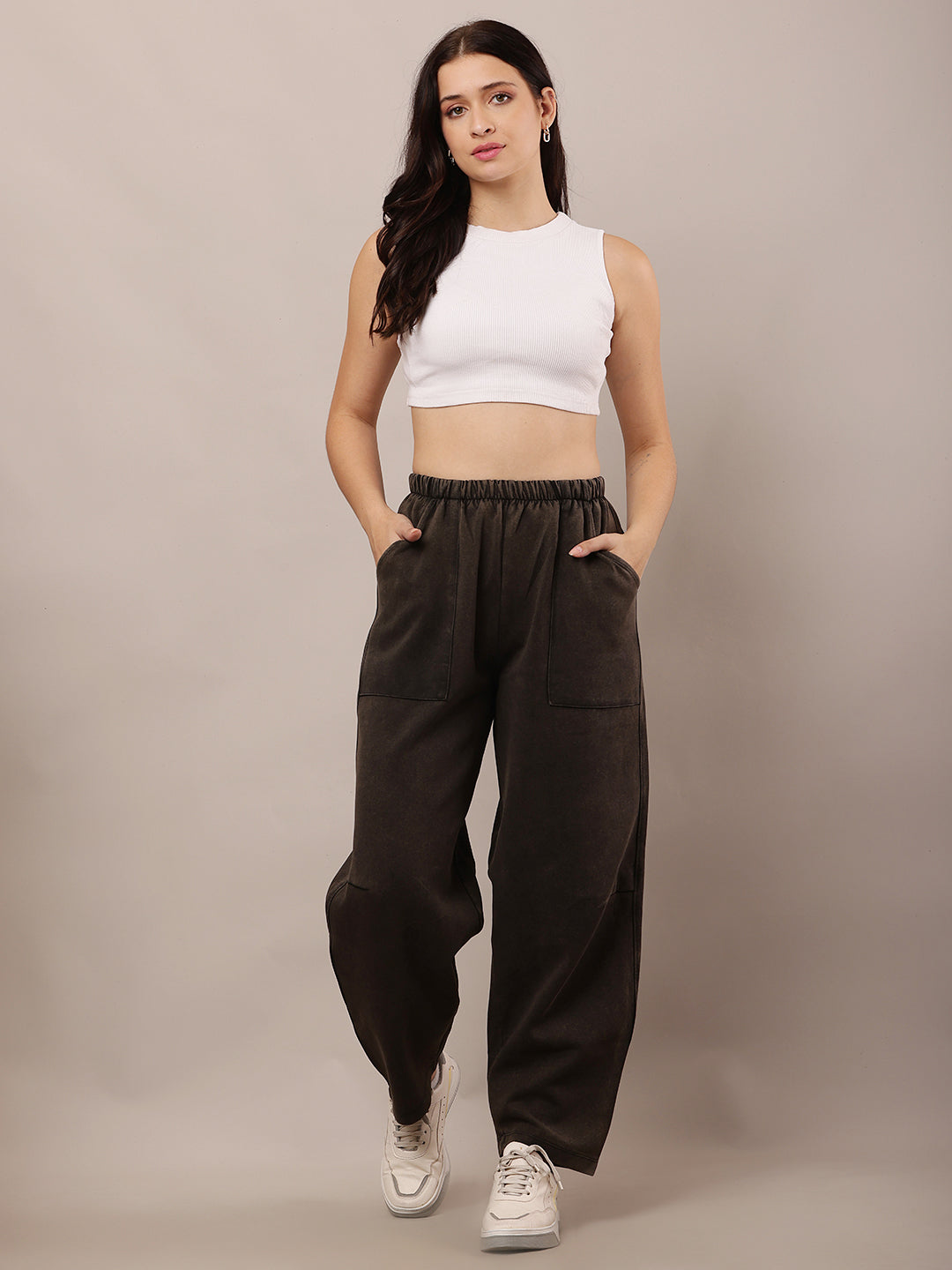 Women Dark Grey Elastic Waist Cotton Trousers