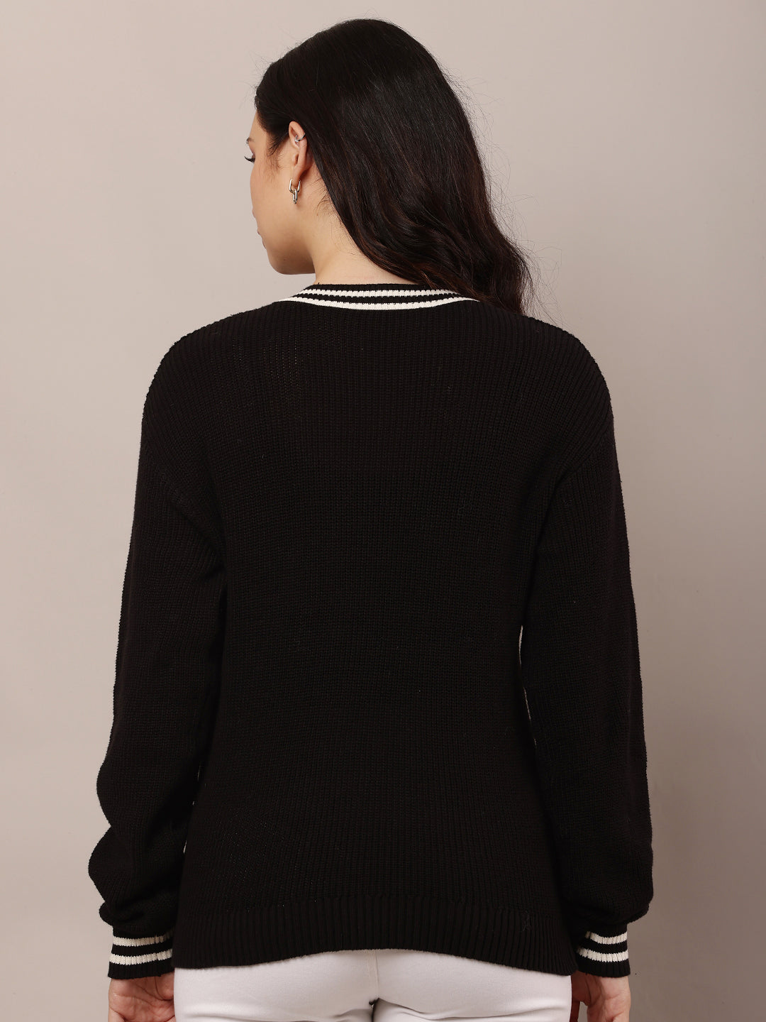 Women Black V-Neck Ribbed-Knit Sweater