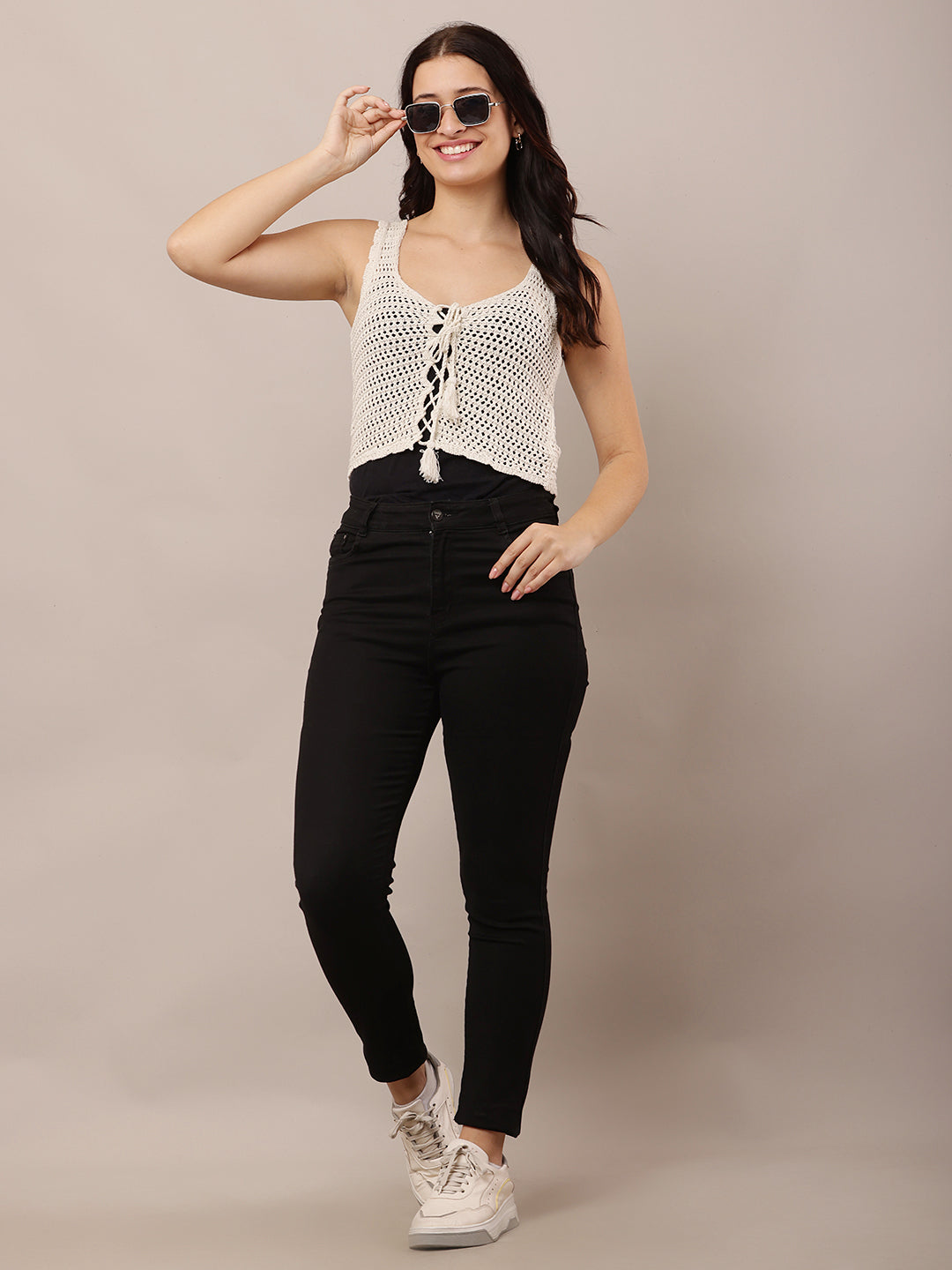 Women Off-White Sleeveless Crochet Knit Vest