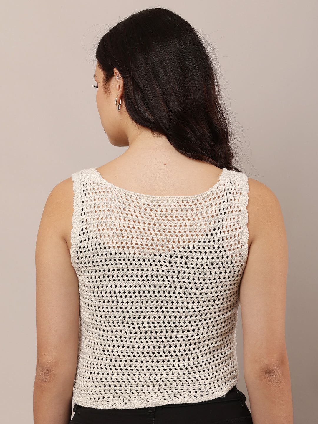 Women Off-White Sleeveless Crochet Knit Vest
