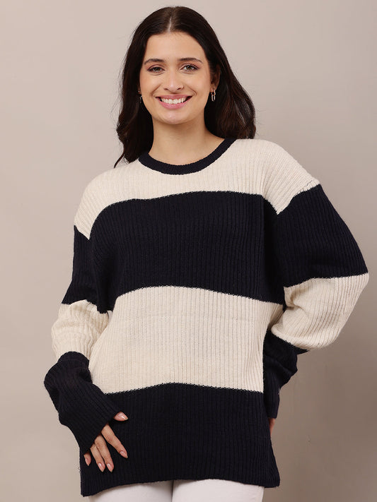 Women Dark Blue & Beige Round Neck Sweater