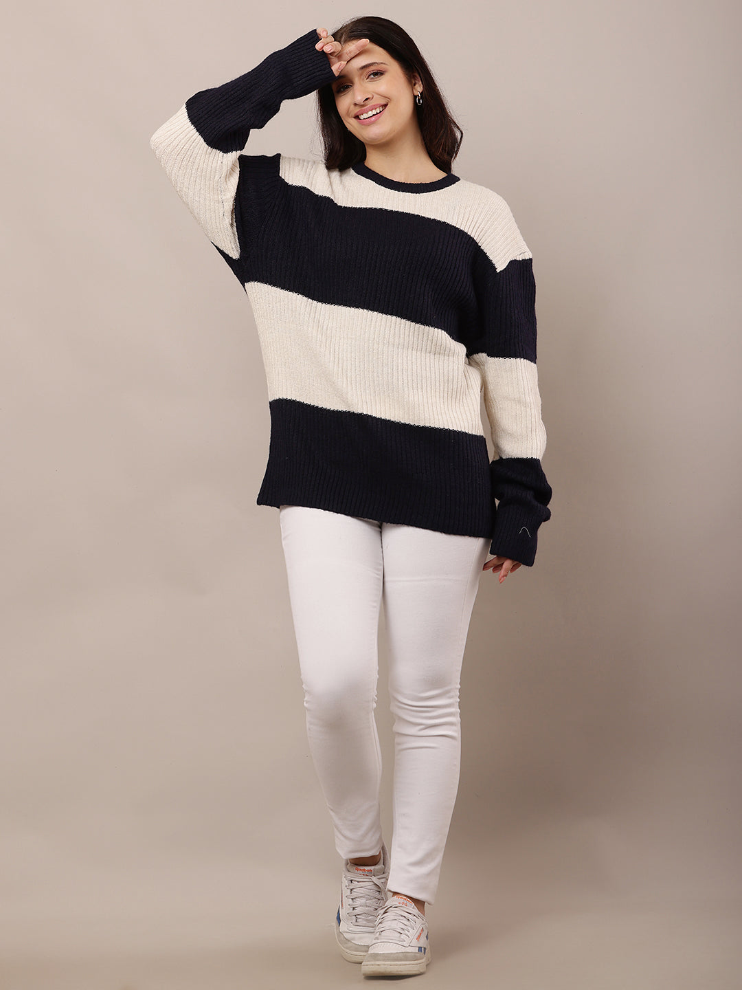 Women Dark Blue & Beige Round Neck Sweater