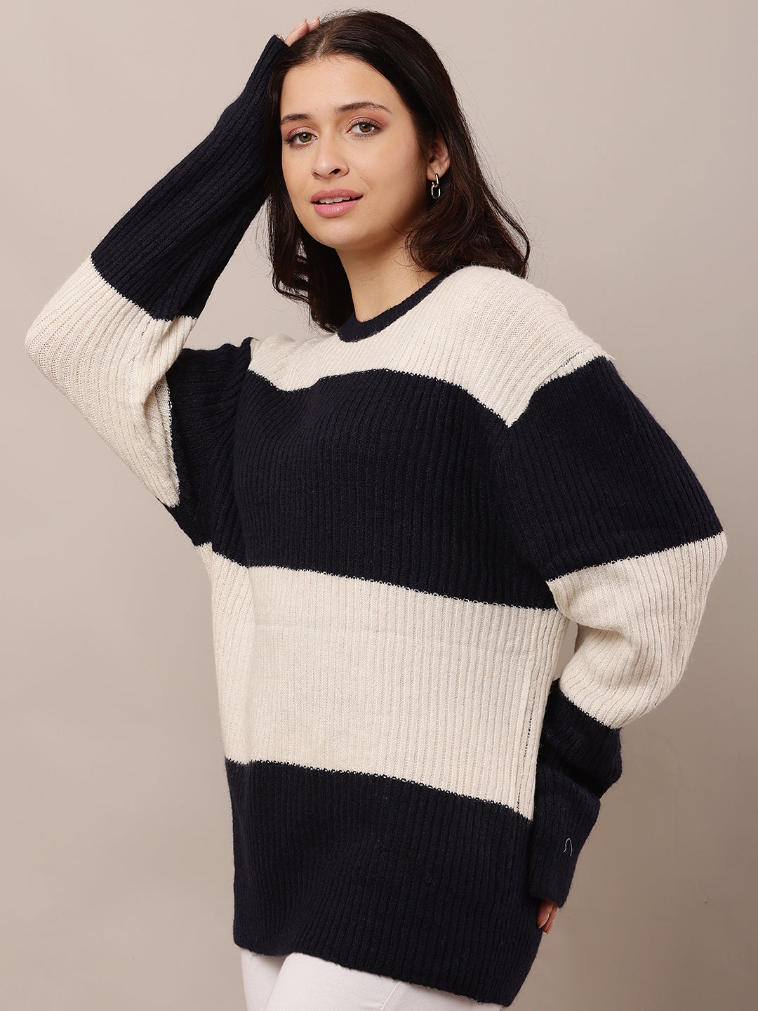 Women Dark Blue & Beige Round Neck Sweater