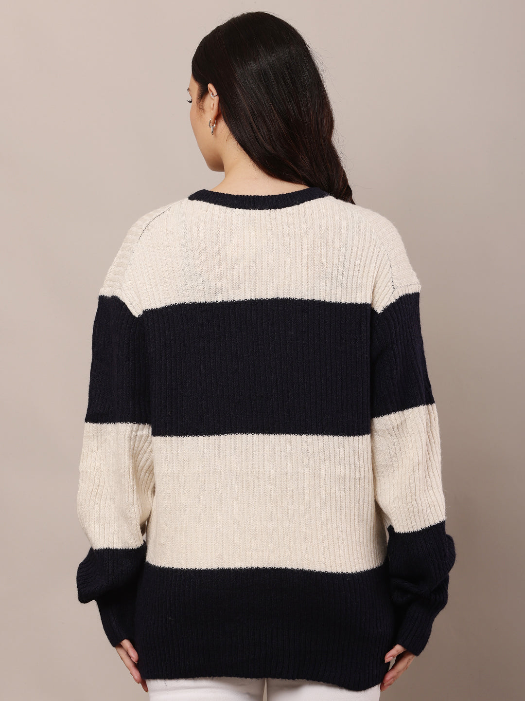 Women Dark Blue & Beige Round Neck Sweater