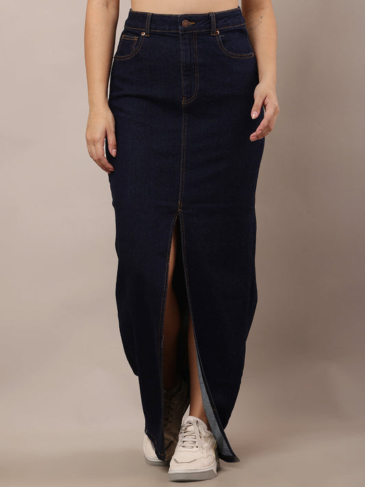 Women Dark Blue Slim Fit Denim Skirt with Slit