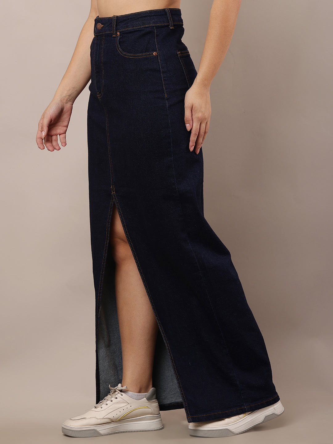 Women Dark Blue Slim Fit Denim Skirt with Slit