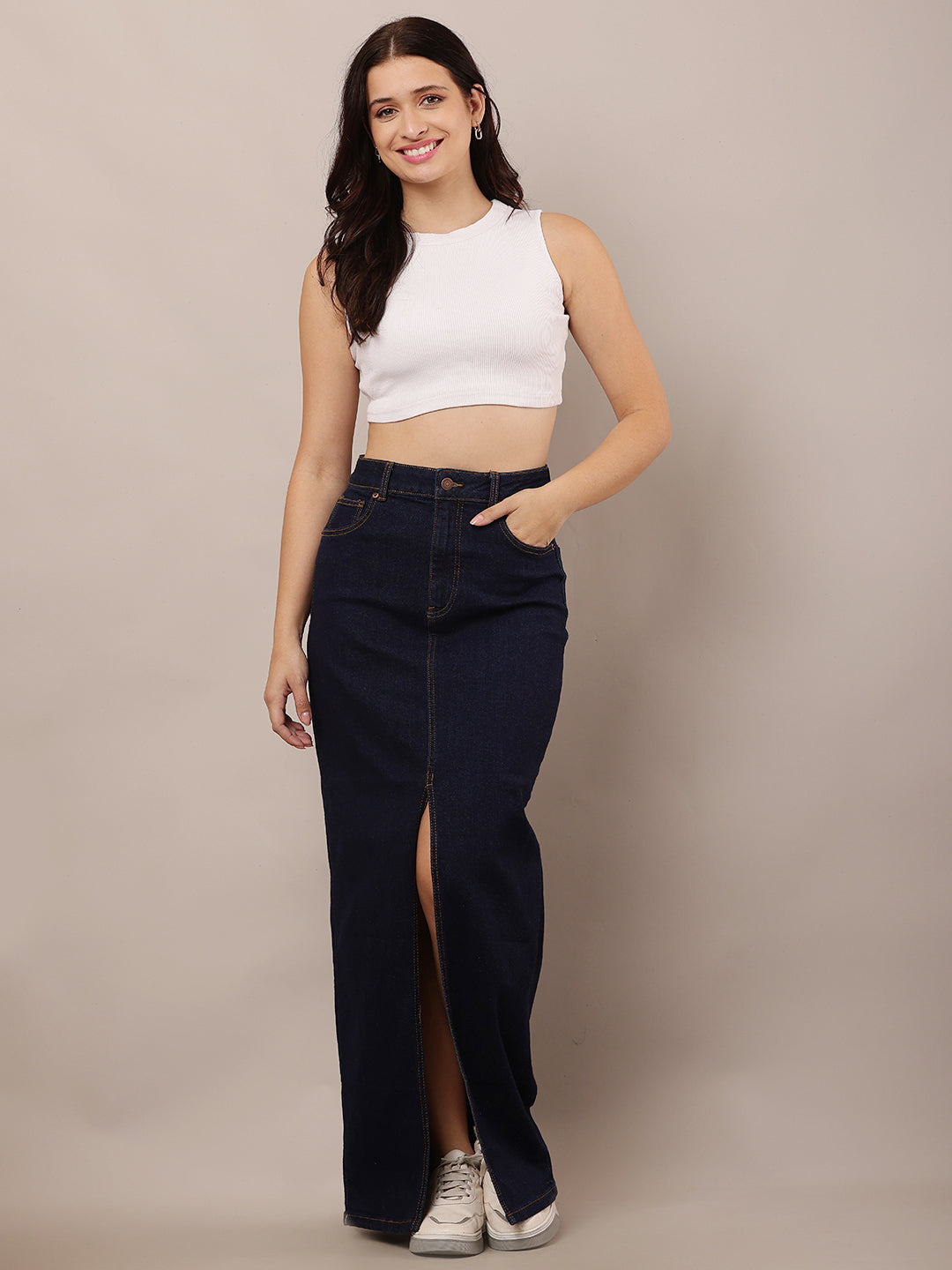 Women Dark Blue Slim Fit Denim Skirt with Slit
