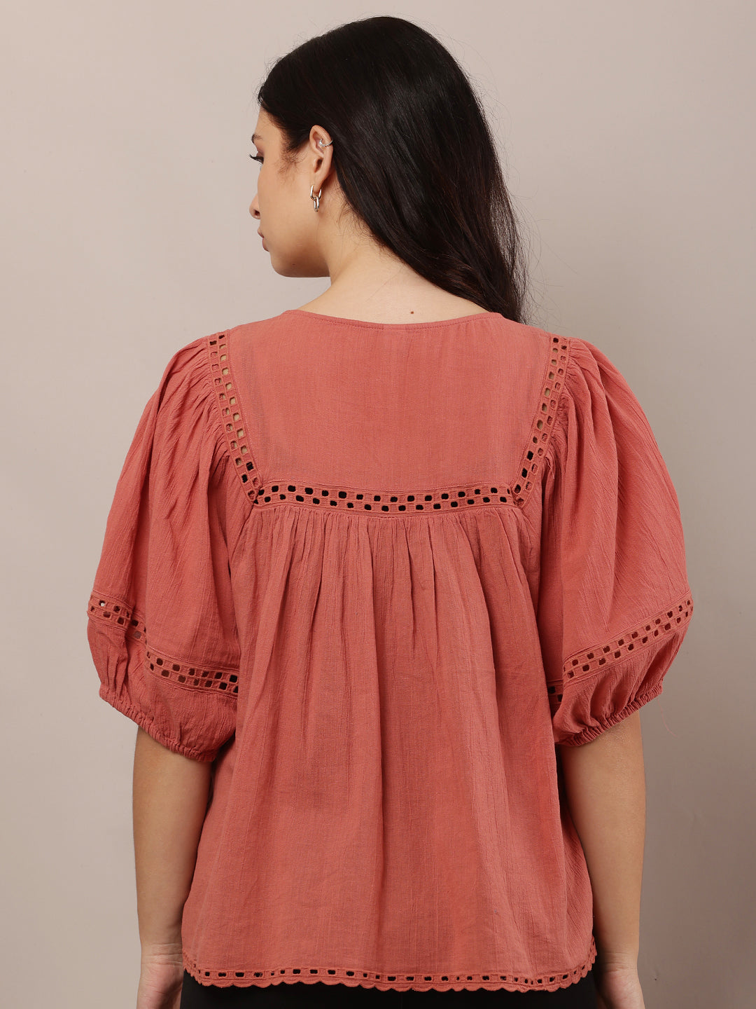 Women Peach Loose-Style Top with Round Neck