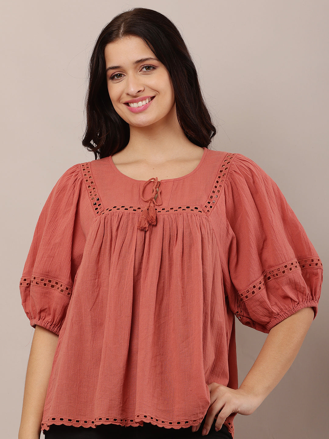 Women Peach Loose-Style Top with Round Neck