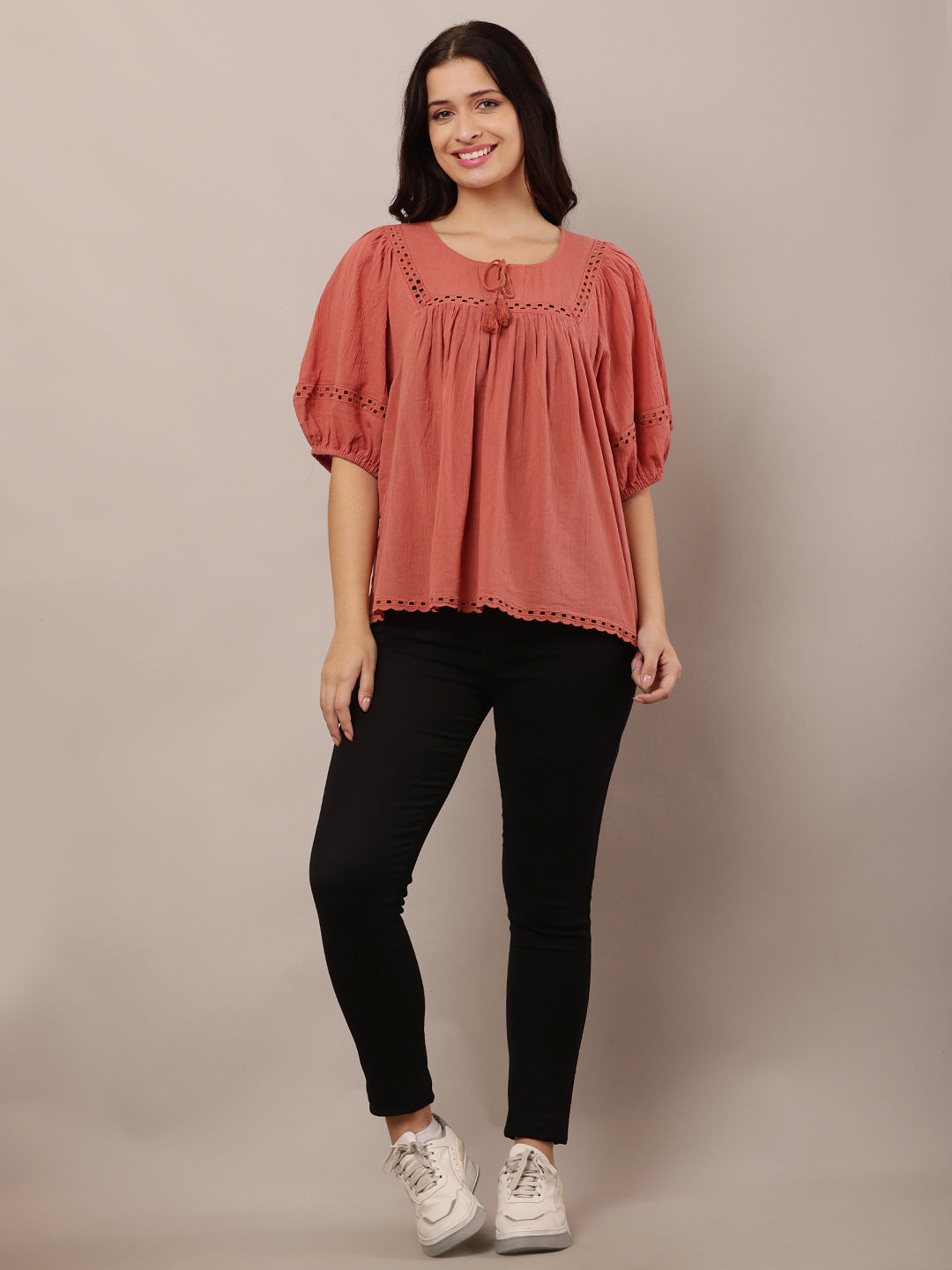 Women Peach Loose-Style Top with Round Neck