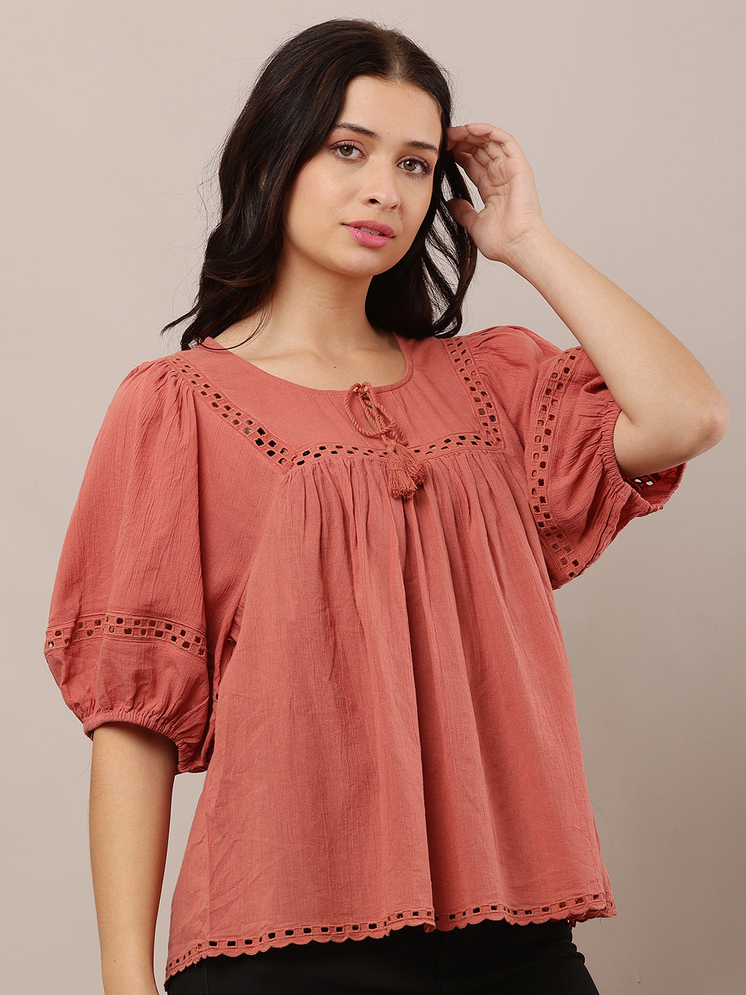 Women Peach Loose-Style Top with Round Neck