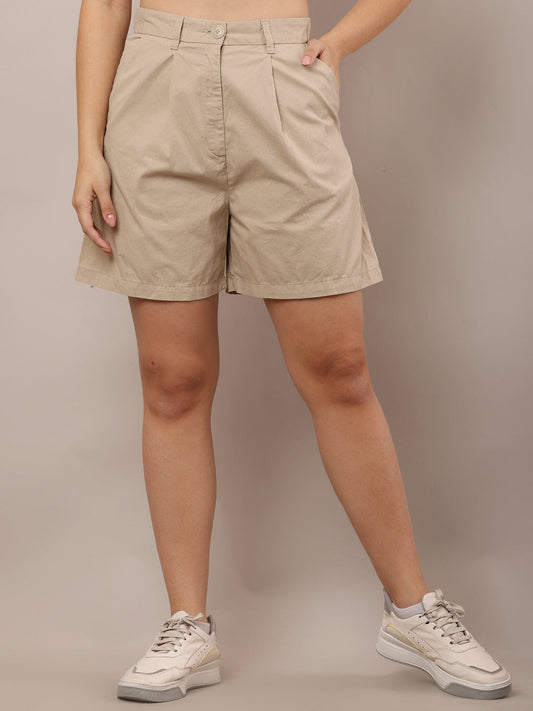Women Beige Solid Shorts with Belt Loops