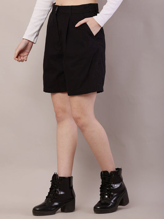 Women black cotton belt-loop solid shorts